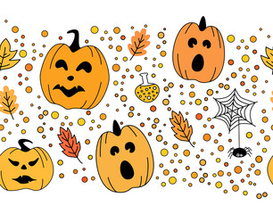 Halloween seamless pattern border with hand drawn pumpkins, leaves on a white background. Big size.	
