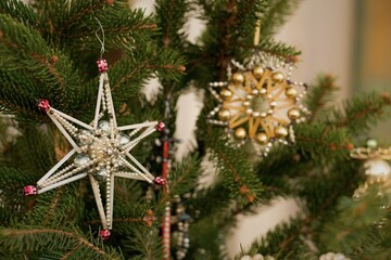 Old Traditional Christmas Tree Decoration Closeup In The Vintage Mood And Style