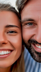 Cropped close-up of handsome man and attractive woman smiling and having fun.