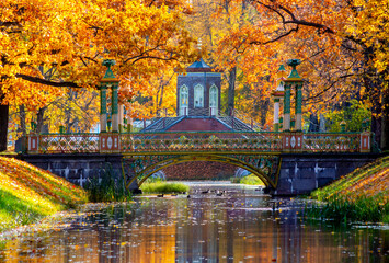 Cross bridge and Chinese bridges in Alexander park in autumn, Pushkin (Tsarskoe Selo), Saint...