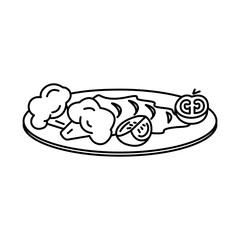 Plate with mashed potatoes, broccoli, chopped tomatoes. Vegetarian food. Vector outline icon. Isolated on white.