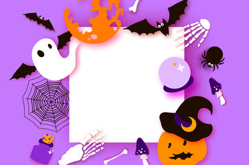 Happy Halloween party. Mystical night with Pumpkin, bat, bones, ghost. Trick or treat. Square frame. Space for text. Paper craft art