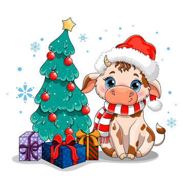 Cute cow with big blue eyes in a Santa Claus hat, symbol of 2021 sitting sitting next to a decorated Christmas tree. Flat cartoon vector illustration