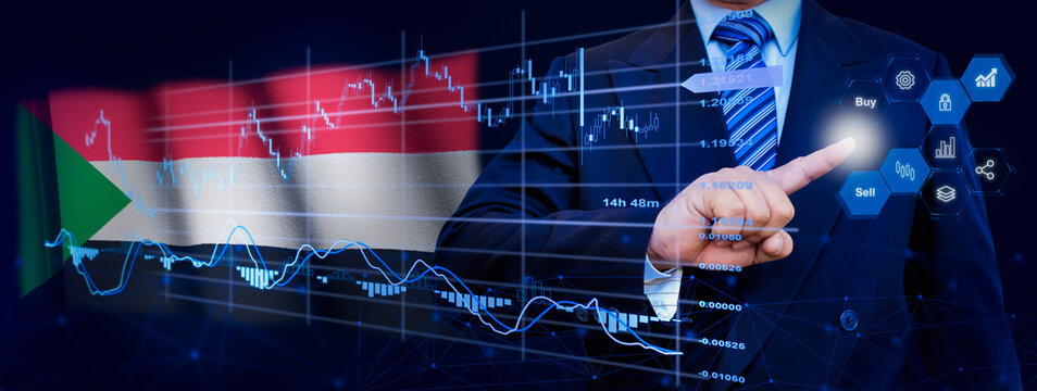 Businessman touching data analytics process system with KPI financial charts, dashboard of stock and marketing on virtual interface. With Sudan flag in background.