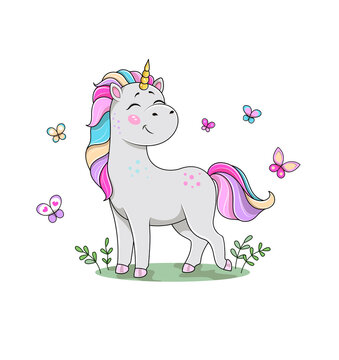 Cute cartoon unicorn standing in the meadow with his eyes closed and rejoicing at the flying multi-colored butterflies. Flat cartoon vector illustration isolated on white background