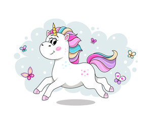 Cute cartoon unicorn running and frolicking with colorful butterflies. Flat cartoon vector illustration isolated on white background