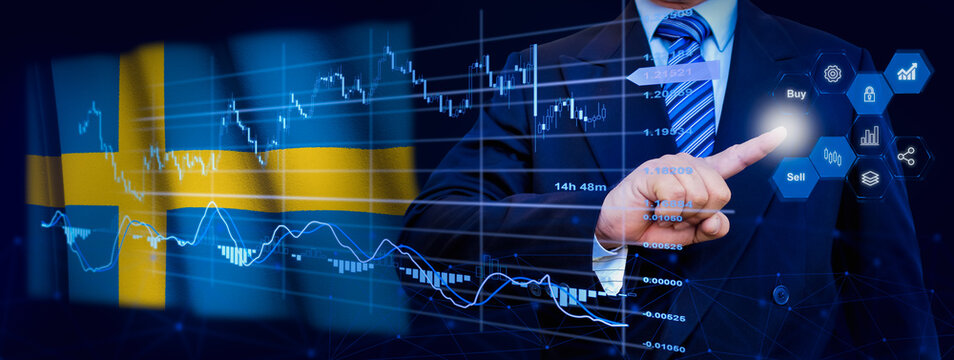 Businessman touching data analytics process system with KPI financial charts, dashboard of stock and marketing on virtual interface. With Sweden flag in background. - Powered by Adobe