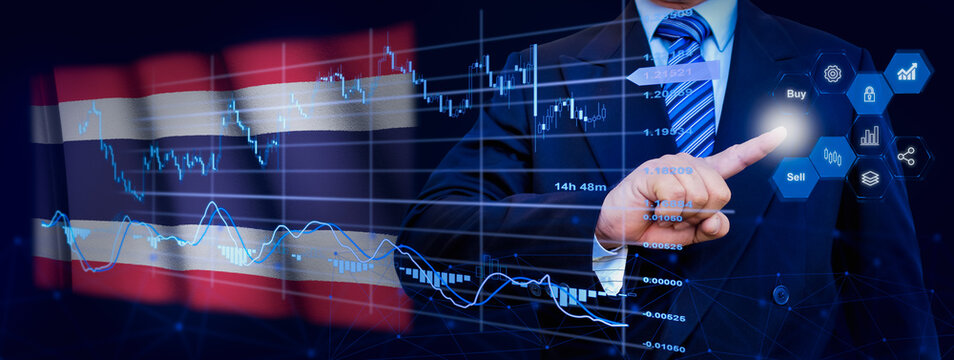 Businessman touching data analytics process system with KPI financial charts, dashboard of stock and marketing on virtual interface. With Thailand flag in background. - Powered by Adobe