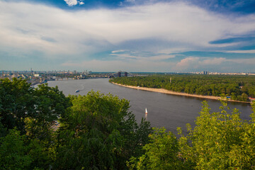 Top View of the Dnipro (Dniper) river and it left bank in spring time in Kiev, Ukraine