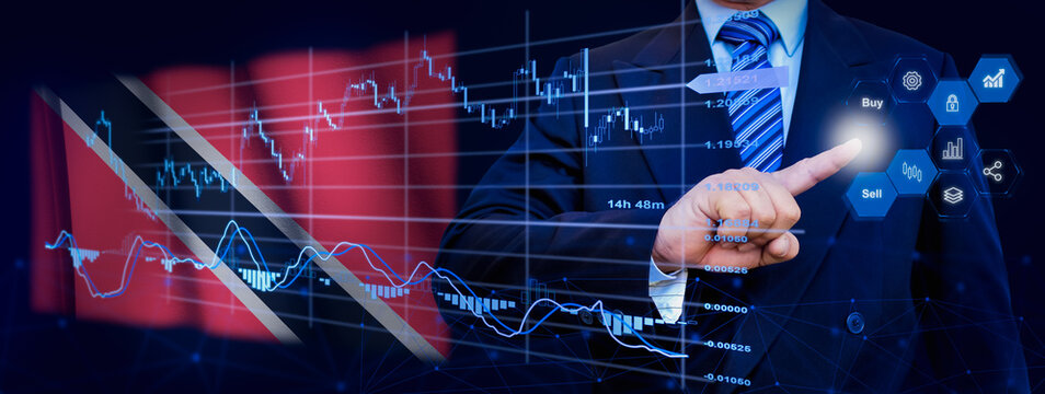 Businessman touching data analytics process system with KPI financial charts, dashboard of stock and marketing on virtual interface. With Trinidad and Tobago flag in background.