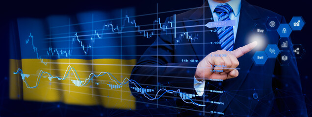 Businessman touching data analytics process system with KPI financial charts, dashboard of stock and marketing on virtual interface. With Ukraine flag in background.