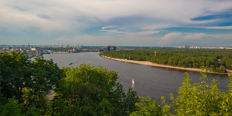 Fototapeta na wymiar Top View of the Dnipro (Dniper) river and it left bank in spring time in Kiev, Ukraine