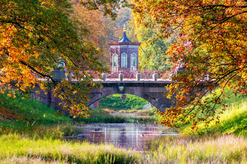 Cross bridge in Alexander park in autumn, Pushkin (Tsarskoe Selo), Saint Petersburg, Russia