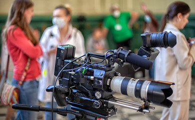 Film industry. detail of Video camera. Broadcasting and Recording with Digital Camera
