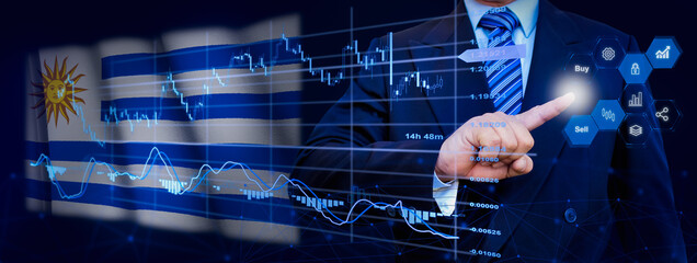 Businessman touching data analytics process system with KPI financial charts, dashboard of stock and marketing on virtual interface. With Uruguay flag in background.