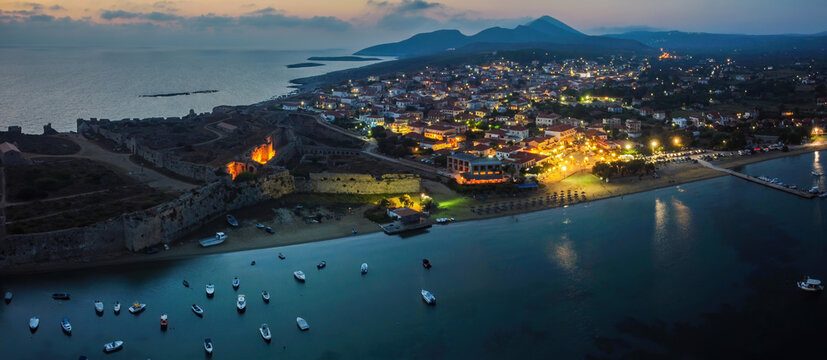 Aerial panoramic view of Methoni city at dusk in Messinia, Greece