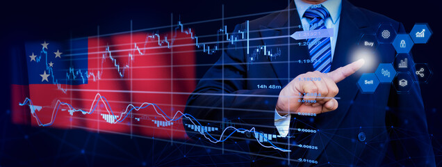 Businessman touching data analytics process system with KPI financial charts, dashboard of stock and marketing on virtual interface. With Western Samoa flag in background.