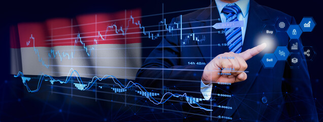 Businessman touching data analytics process system with KPI financial charts, dashboard of stock...
