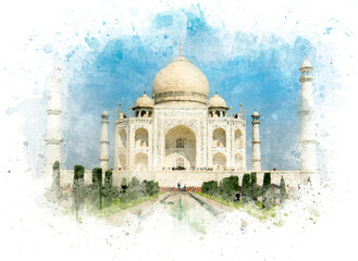 Obraz premium Taj Mahal Tomb, Mosque, Agra, India, postcard as watercolor drawing