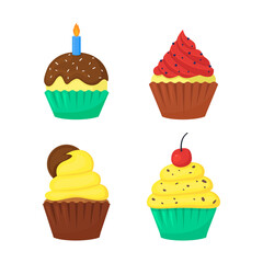 Flat cute delicious colorful muffins set with sweet toppings. Chocolate and cream desserts. Tasty yummy food, bakery. Cupcakes isolated on white. Vector illustration.