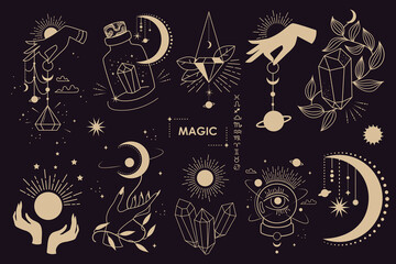 Big set of magic and astrological symbols. Mystical signs, silhouettes, zodiac signs, tarot cards. Vector illustration. Witchcraft art. Stickers, banner, decorations. Esoteric aesthetics. Hand drawn. - obrazy, fototapety, plakaty