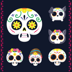 mexican heads skulls set flat style icons