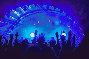 Fotobehang Abstract blur atmosphere: happy people enjoying outdoor music festival concert, raised up hands and clapping of pleasure, active night life concept, play of light and shadow on the stage © udmurd
