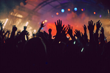 Plakat Abstract blur atmosphere: happy people enjoying outdoor music festival concert, raised up hands and clapping of pleasure, active night life concept, play of light and shadow on the stage