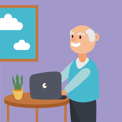 old man using laptop active senior character