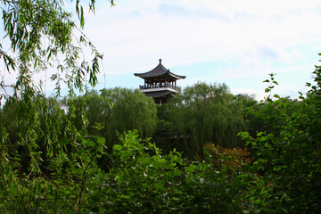 A Chinese Architecture pavilion tower hidden in the woods