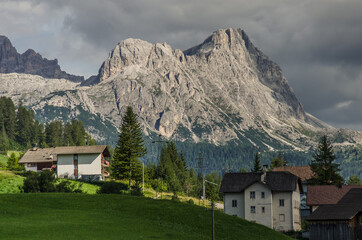 Fototapeta na wymiar South-east view of Lagazuoi mountain, 2835m from La Villa village in Badia valley, Alta Badia, Dolomites, South Tyrol, Alto Adige, northern Italy