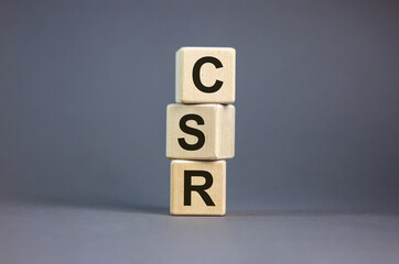 Concept words 'CSR, corporate social responsibility' on cubes on a beautiful grey background. Business concept. Copy space.