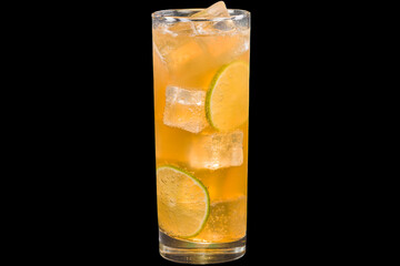 Dark and stormy cocktail in a glass with ice cubes