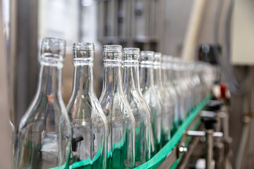 Factory for the production of alcoholic beverages. Bottles of vodka on the conveyor.