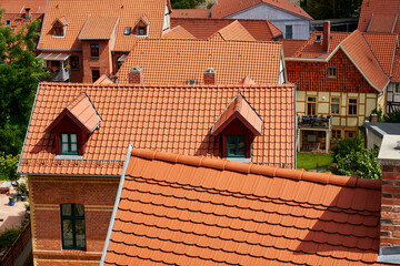 top view on medieval town with red roof tiles