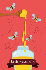 happy rosh hashanah celebration with bees and honey in pot