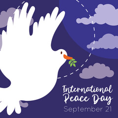 International Day of Peace lettering with dove flying in sky