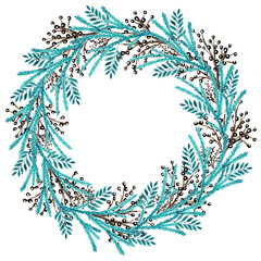 Watercolor illustration. Christmas wreath. Cozy winter. Happy New Year and Merry Christmas. Winter nature. Brown and blue colors. For printing on postcards, stickers, tags, calendars, packaging
