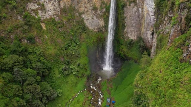 Aerial view looking down at Sipiso Piso Waterfall in North Sumatra, Indonesia