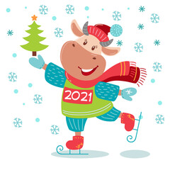 Cute cartoon cow. Vector illustration with bull, symbol of the Chinese new year 2021. Cow on ice