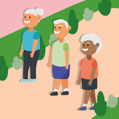 interracial old people walking in the camp active seniors characters