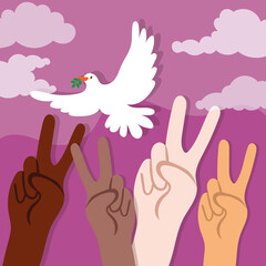 International Day of Peace lettering with dove and interracial hands
