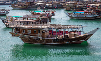 Fototapeta na wymiar Dhows in Doha moored in the Persian Golf, Qatar.