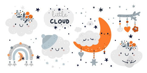 Cute childish set with cartoon little cloud and kids decoration elements. Milestone collection with stars and clouds. Baby shower or little one party. Nursery prints for textile, cards, poster, decor