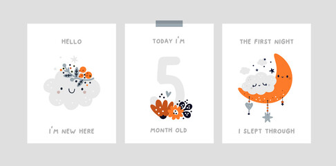 Baby shower print capturing all the special moments. Baby milestone card with cute little cloud and moon for newborn girl or boy. Baby month anniversary card. Nursery prints for textile, poster
