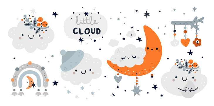 Cute childish set with cartoon little cloud and kids decoration elements. Milestone collection with stars and clouds. Baby shower or little one party. Nursery prints for textile, cards, poster, decor