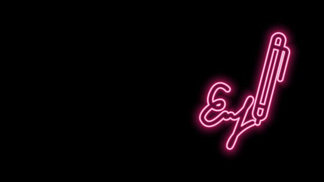 Glowing neon line Signature line icon isolated on black background. Pen and undersign, underwrite, ratify symbol. 4K Video motion graphic animation