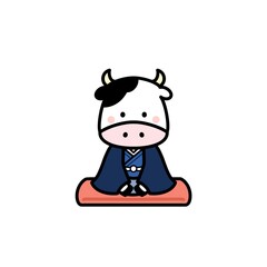 【年賀素材2021】着物を着て座っている牛さん