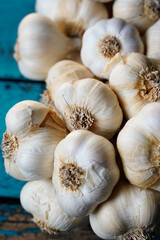 garlic bunch on a blue wooden table