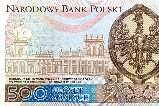 Macro photo of the rear side of a rare Polish PLN 500 banknote, close-up on the inscriptions.